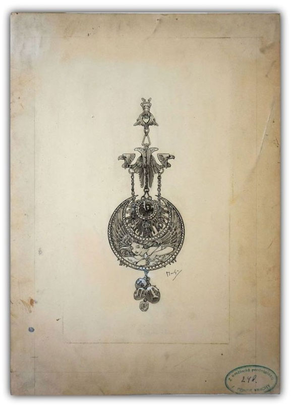A. Mucha, Dessin de Montre, Jewelry Design illustration For Georges Fouquet, 1900
