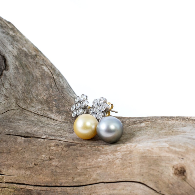 Orecchini diamanti e perle bicolore 1970
